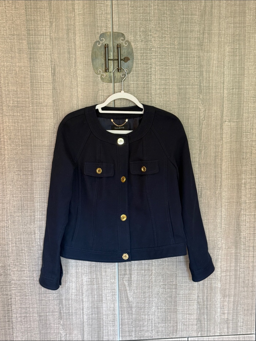 Talbots Navy Collarless Blazer with Gold Buttons